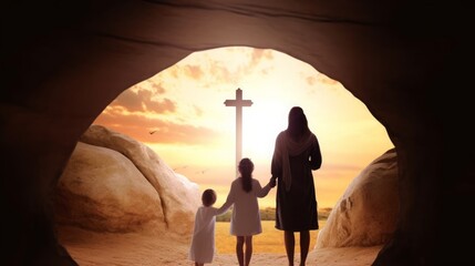 Easter and Good Friday concept, Mom and child standing with empty tomb of Jesus Christ at cross on sunset background, Generative AI - obrazy, fototapety, plakaty