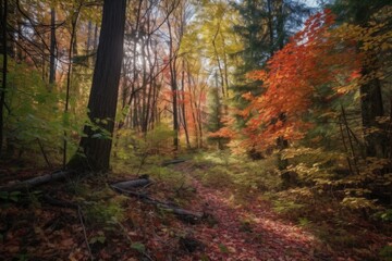 autumn forest hike, with tall trees and colorful foliage, created with generative ai