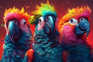 3 fröhliche bunte Papageien mit Konfetti in Partystimmung. Generative Ai.