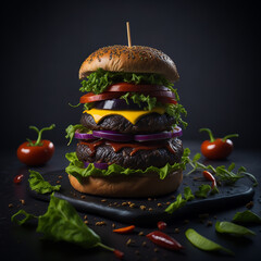 Craft beef burgers and french fries on a wooden table isolated on dark background.