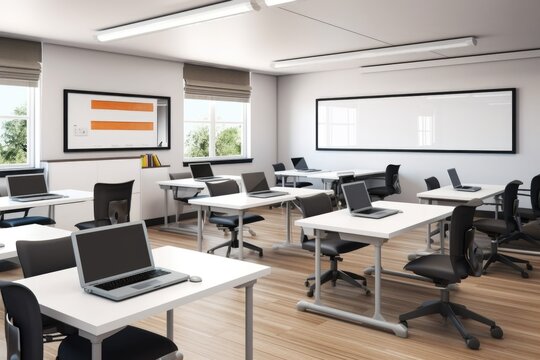 empty classroom setup with modern and sleek furniture, including computer monitors and whiteboards, created with generative ai