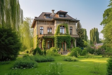 Fototapeta na wymiar shot of beautiful large house with a garden, created with generative ai