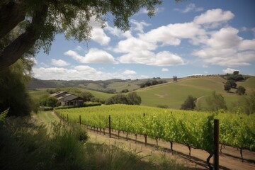 Fototapeta na wymiar vineyard with rolling hills and blue skies, for a serene and peaceful setting, created with generative ai