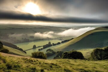 view of rolling hills, with mist rising from the ground, and sun peeking through clouds, created with generative ai