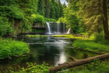 scenic landscape with forest, lake, and waterfall in the background, created with generative ai
