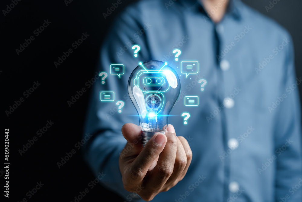Poster Businessman using robot ai in smartphone intelligence Smart Ai.Chat bot with AI Artificial Intelligence.  Futuristic technology, robot in online system.