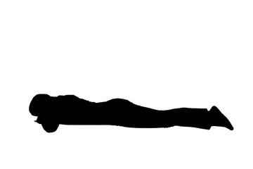  silhouette of young girl lying upside down on white background