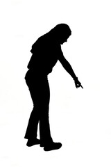 side view of a silhouette of young girl pointing down on white background