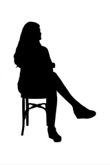 view silhouette of young girl sitting on chair in short dress on white background