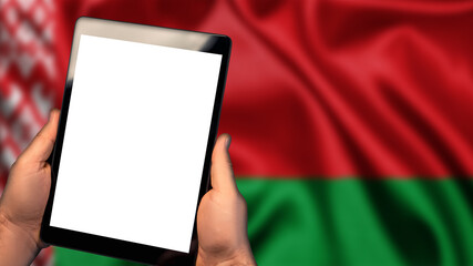 Man hold tablet phone pc gadget with white blank screen, copy space for text, image or message. Flag of Belarus country on background. Technology, information, business

