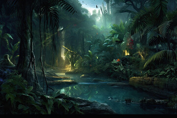 a mysterious jungle during the night, ai generative