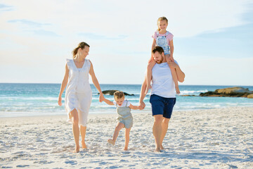 Vacation, holding hands and travel with family at beach for summer, happy and bonding. Freedom,...
