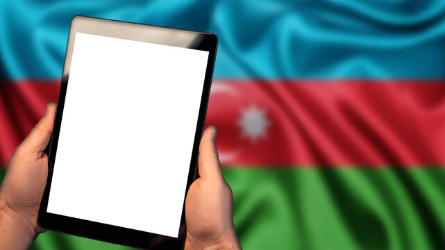 Man hold tablet phone pc gadget with white blank screen, copy space for text, image or message. Flag of Azerbaijan country on background. Technology, information, business
- Powered by Adobe