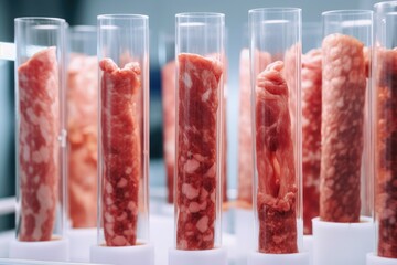 Lab-grown meat. Cultivated meat is grown from animal cells. Meat in test tubes in a white science lab. AI generative