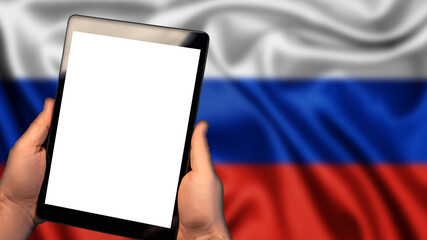 Man hold tablet phone pc gadget with white blank screen, copy space for text, image or message. Flag of Russia country on background. Technology, information, business

