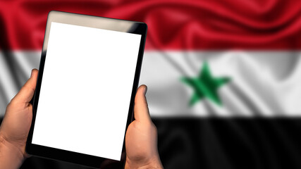 Man hold tablet phone pc gadget with white blank screen, copy space for text, image or message. Flag of Syria country on background. Technology, information, business


