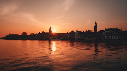Fototapeta na wymiar the River on the city of Dordrecht by sunset, illustration, Generative AI