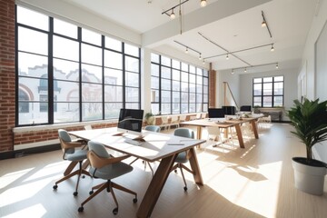 co-working space with high ceilings and natural light, perfect for collaboration, created with generative ai