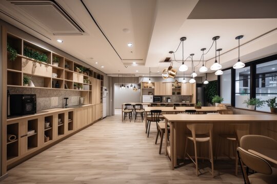 co-working space with communal kitchen and dining area, created with generative ai