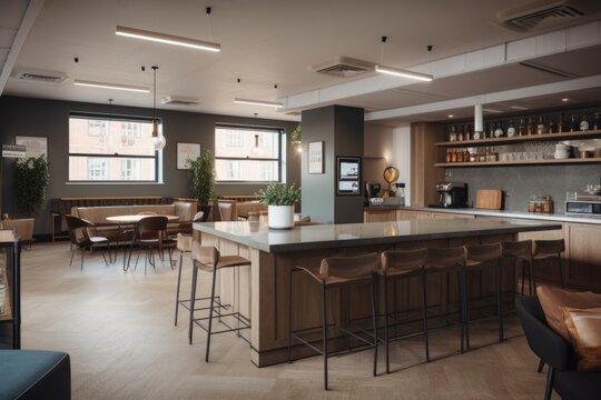 co-working space with communal kitchen and lounge area, perfect for collaboration, created with generative ai