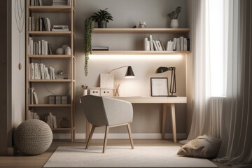 a cozy reading nook with a bookcase, desk, and lamp in a minimalist room, created with generative ai