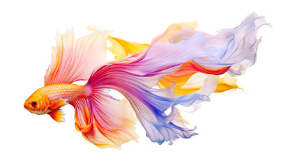 Magic goldfish or betta fish. Colorful fighting Siamese fish with big beautiful rainbow silk tail isolated on transparent png background. Amazing exotic tropical fish ai generated illustration - obrazy, fototapety, plakaty