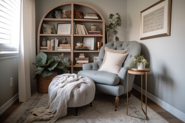 cozy reading nook with oversized chair, throw pillow, and bookcase filled with favorite books, created with generative ai