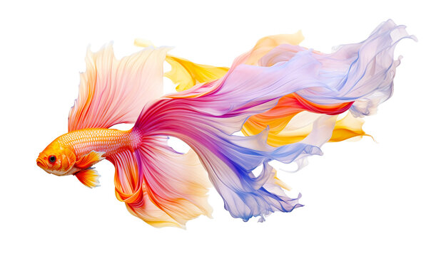 Magic goldfish or betta fish. Colorful fighting Siamese fish with big beautiful rainbow silk tail isolated on transparent png background. Amazing exotic tropical fish ai generated illustration