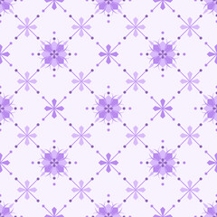 In this seamless pattern, purple flowers in dark and light gradation. Decorated with purple circle dots around it. Arranged alternately with small purple flowers on a light purple background.