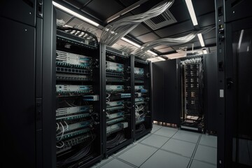 close-up of server room with rack after network equipment and cables, created with generative ai