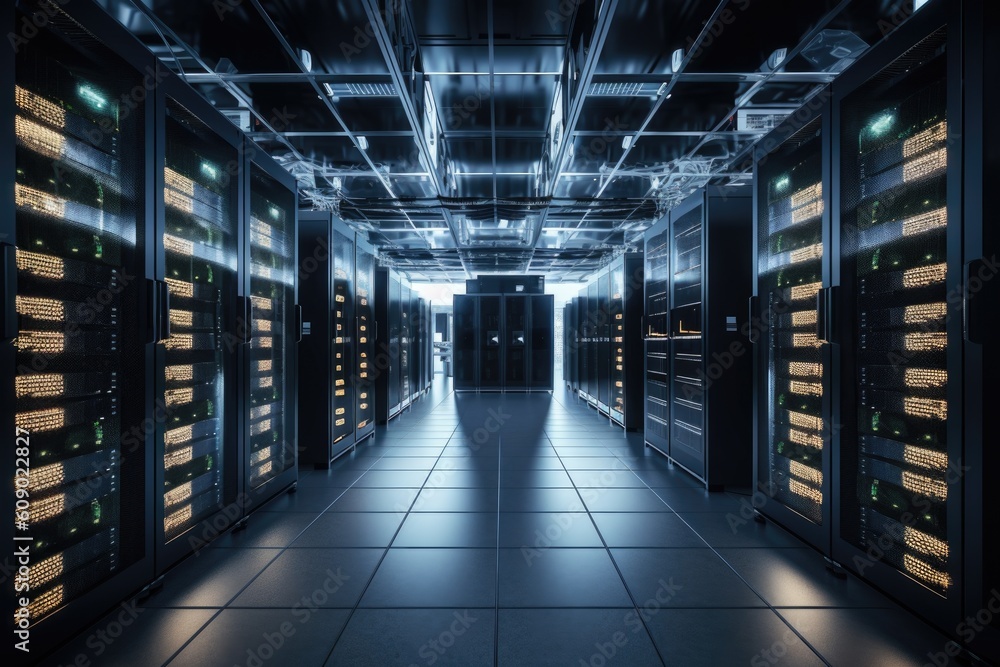 Canvas Prints high-tech data center with intricate server racks and massive amounts of data storage, created with generative ai