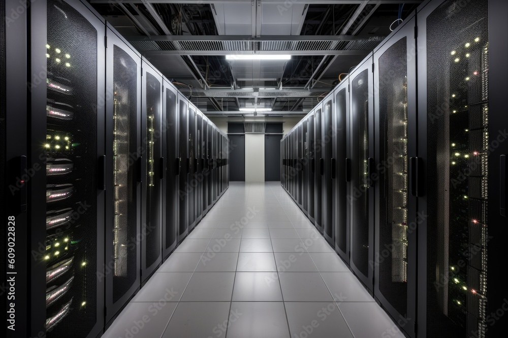 Sticker data center with rows of servers and cooling systems in the background, created with generative ai