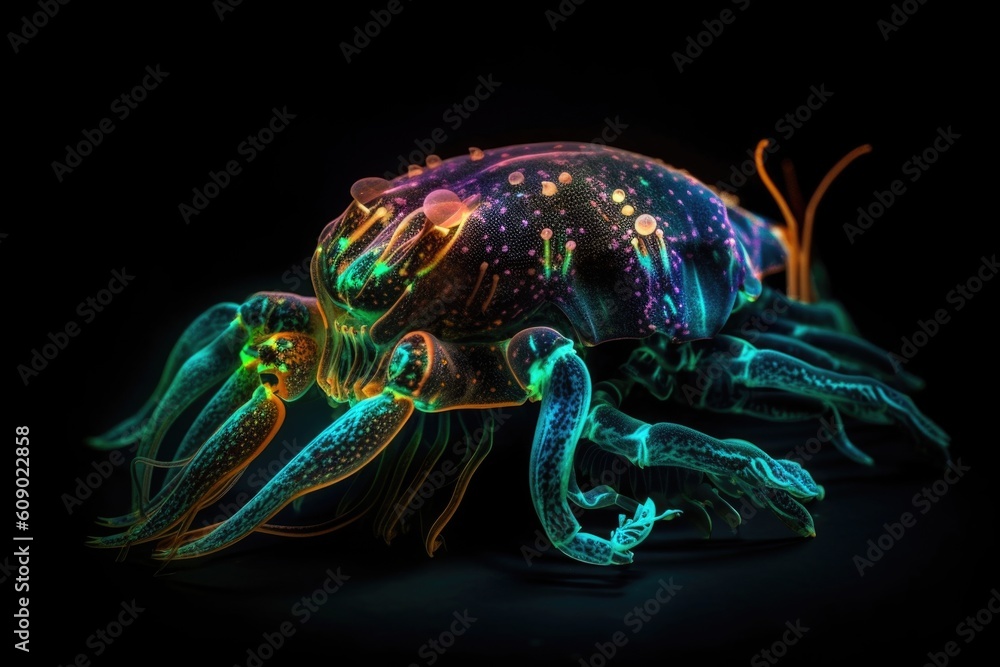 Sticker bizarre and colorful deep-sea creature surrounded by glowing bioluminescence, created with generative ai