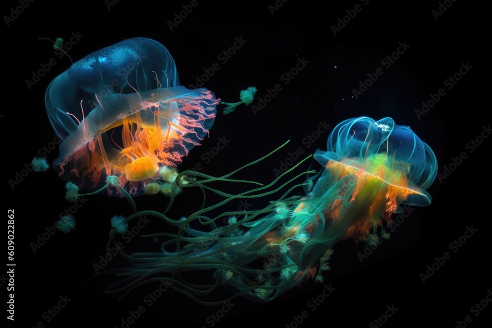 Sticker deep-sea creatures racing each other in a display of bioluminescence, created with generative ai