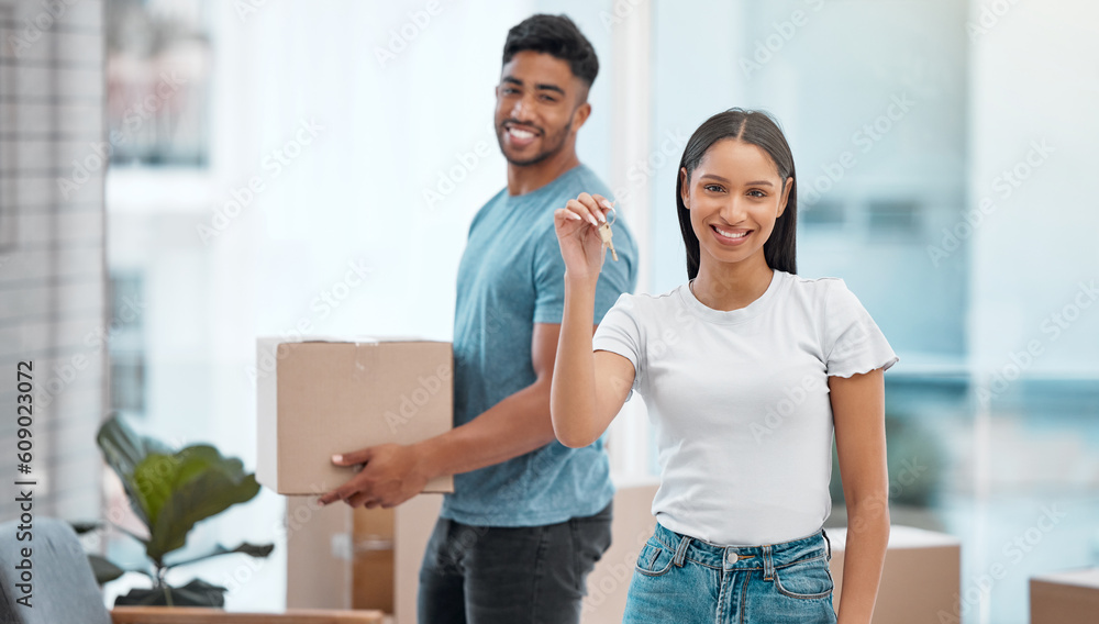 Wall mural Box, keys and portrait of couple in new home excited for property, apartment and real estate investment. Relationship, moving day and man and woman with key and boxes for relocation, move and house