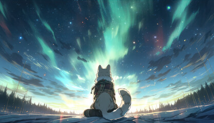 Dog looks at the Aurora borealis, polar lights. Japanese animation style. Generative AI