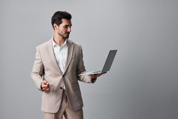 laptop man business internet computer smiling freelancer job copyspace suit cheerful