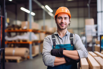 Candid shot of a dedicated warehouse worker, with shelves full of boxes in the background, exemplifying the elements of logistics, packing, and shipping, generative ai