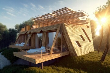 eco-friendly hotel with solar panels and recycled materials in the rooms, created with generative ai