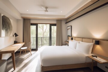 Naklejka na ściany i meble eco-friendly hotel room with minimalist decor, natural lighting, and earthy tones, created with generative ai