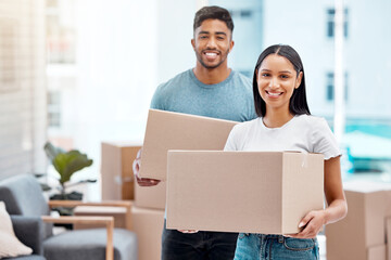 Box, happy and portrait of couple in new home excited for property, apartment and real estate investment. Relationship, moving day and man and woman carrying boxes for relocation, move and house