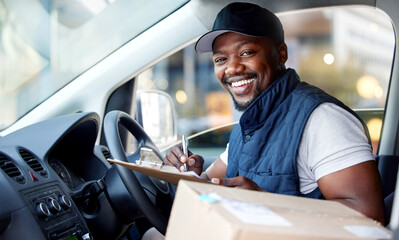 Delivery man, transport and portrait of a man writing with a smile in window for shipping or...