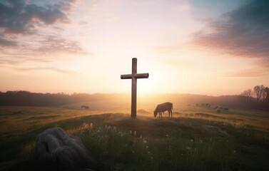 Easter concept: Christ Jesus concept: cross in the morning at sunrise, Generative AI