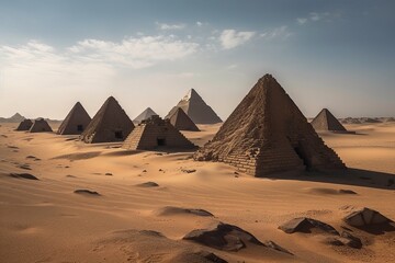 Plakat One of the Seven Wonders of the World is the Pyramid of Cheops pyramids in the desert, generative AI.