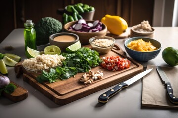 meal prep station with board, knife, and ingredients to make healthy and delicious meals, created with generative ai