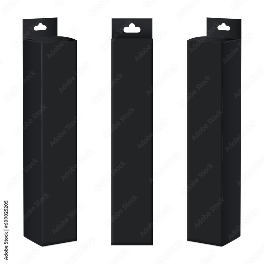 Poster black tall vertical packaging boxes with hang tab set. realistic blank empty long boxes collection. 