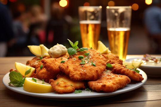 A stunning plate of German schnitzel is served with a side of beer, wedges, and salad. (Generative AI)