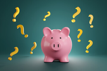 Pink piggy bank surrounded by many yellow question marks on green background. Illustration of the concept of financial decisions and investment advice
