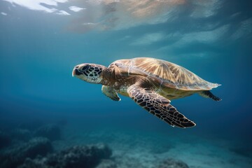 sea turtle swimming underwater, its flippers and shell visible, created with generative ai