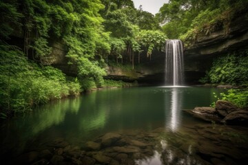 majestic waterfall crashing into calm pond, surrounded by lush greenery, created with generative ai